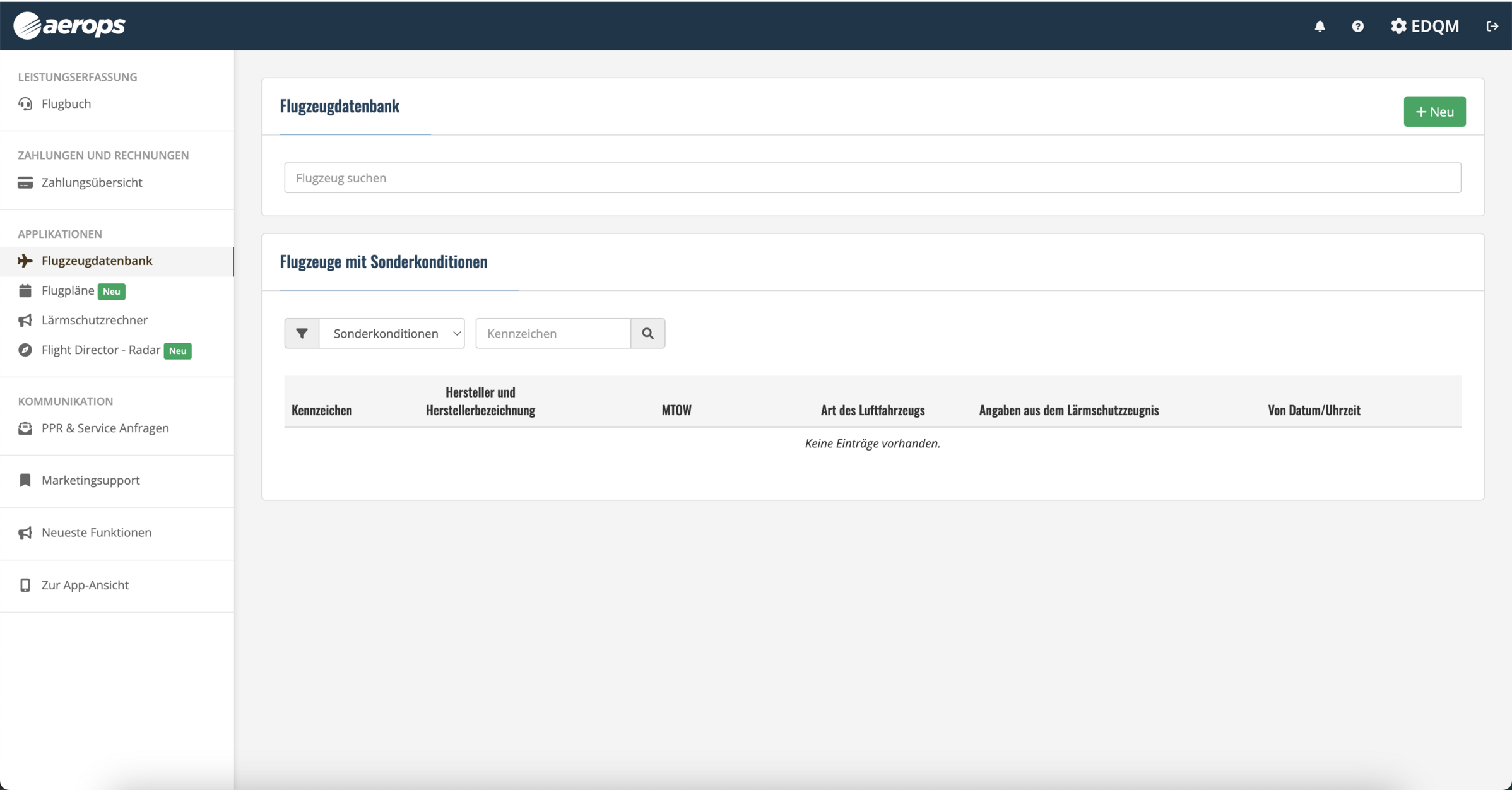 Luftfahrzeugdatenbank in aerops.ground AMS