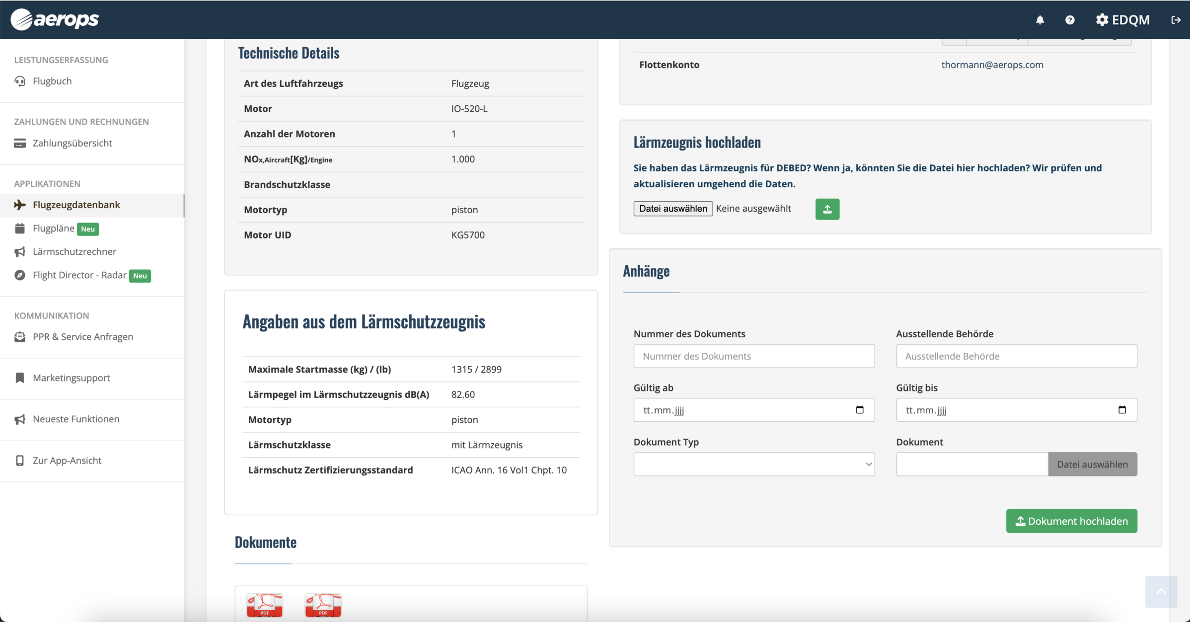 Datensatz aus Luftfahrzeugdatenbank aerops.ground AMS