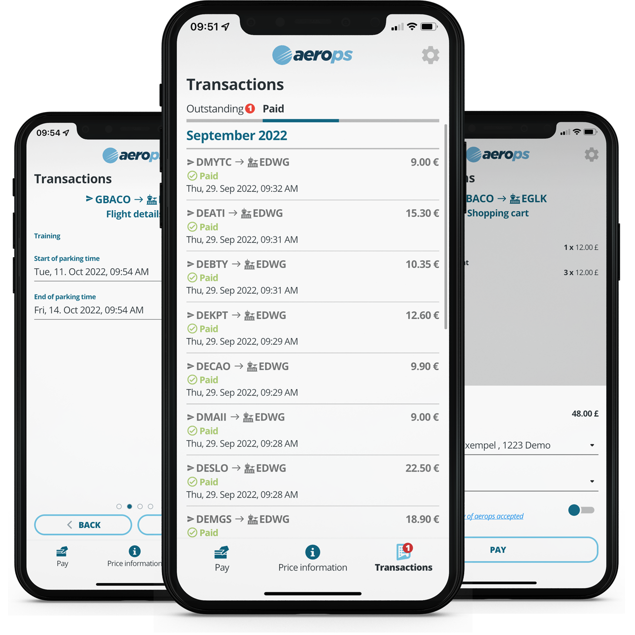 Drei Iphones-Handys mit aerops Flugplatz-Bezahlsysteme-App für Piloten geöffnet payment system for airports and pilots