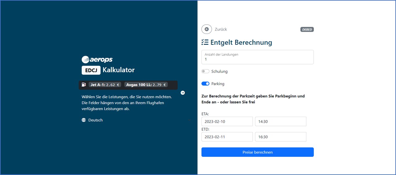 aerops-Flugplatz-Bezahlsystem-App für Piloten Softwarepreiskalkulation für Flugplätze Schritt 2-zwei Engeltberechnungt system for airports and pilots