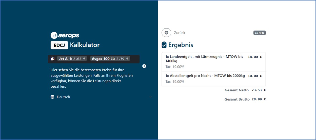 aerops-Flugplatz-Bezahlsystem-App für Piloten Softwarepreiskalkulation für Flugplätze Schritt 3-drei Ergebnis payment system for airports and pilots