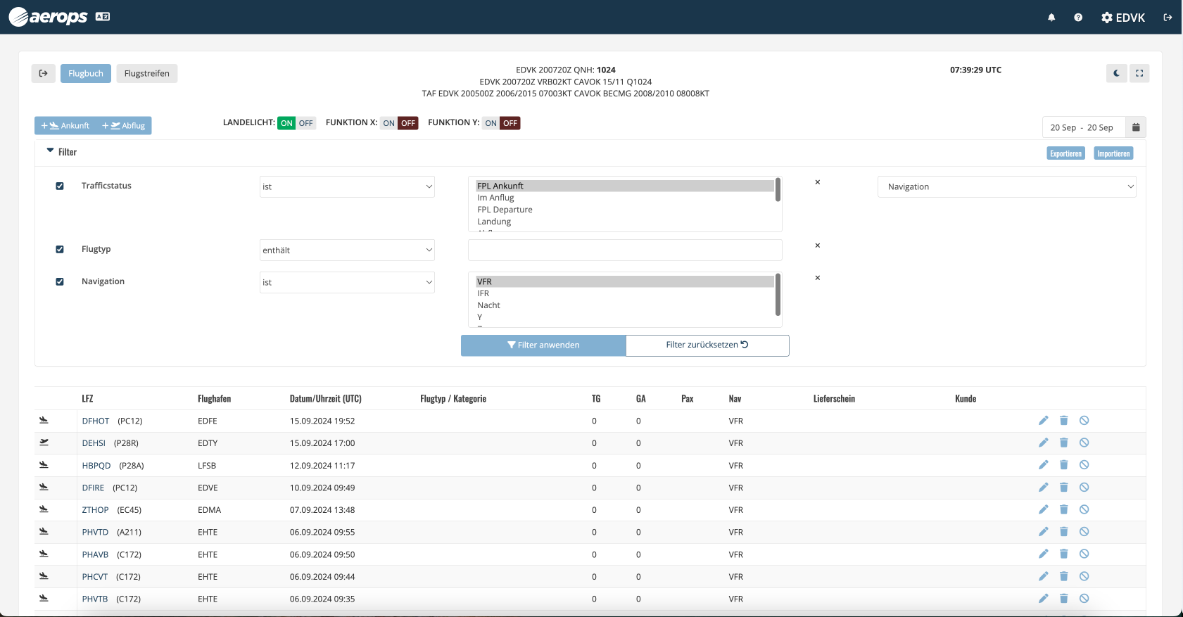 Filterfunktion im Flugbuch